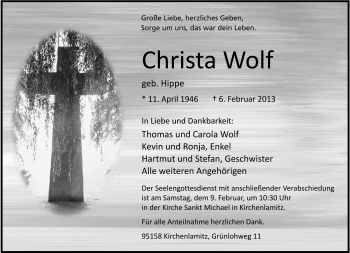 Traueranzeige von Christa Wolf von Frankenpost