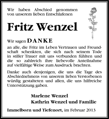 Traueranzeige von Fritz Wenzel von Südthüringer Presse