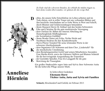 Traueranzeige von Anneliese Hörnlein von Südthüringer Presse