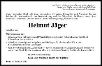Traueranzeige von Helmut Jäger von Südthüringer Presse