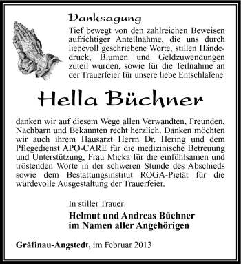 Traueranzeige von Hella Büchner von Südthüringer Presse