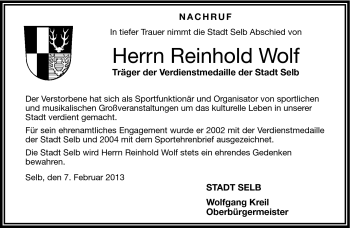 Traueranzeige von Reinhold Wolf von Frankenpost