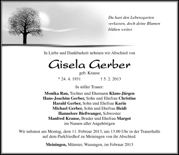 Traueranzeige von Gisela Gerber von Südthüringer Presse