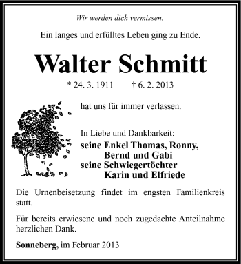 Traueranzeige von Walter Schmidt von Südthüringer Presse