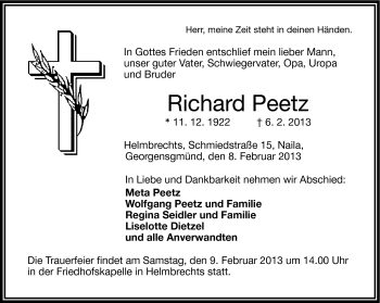 Traueranzeige von Richard Peetz von Frankenpost