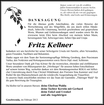 Traueranzeige von Fritz Kellner von Südthüringer Presse