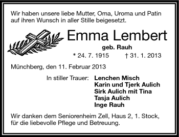 Traueranzeige von Emma Lembert von Frankenpost