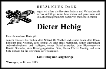 Traueranzeige von Dieter Hebig von Südthüringer Presse