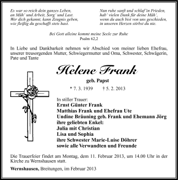 Traueranzeige von Helene Frank von Südthüringer Presse