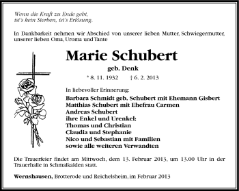 Traueranzeige von Marie Schubert von Südthüringer Presse