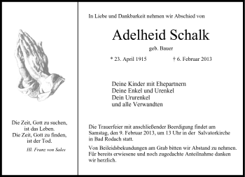 Traueranzeige von Adelheid Schalk von Neue Presse Coburg