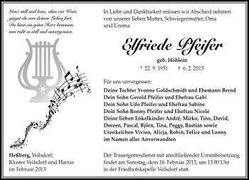 Traueranzeige von Elfriede Pfeifer von Südthüringer Presse