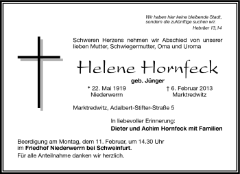 Traueranzeige von Helene Hornfeck von Frankenpost