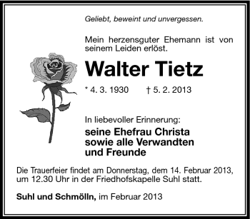 Traueranzeige von Walter Tietz von Südthüringer Presse