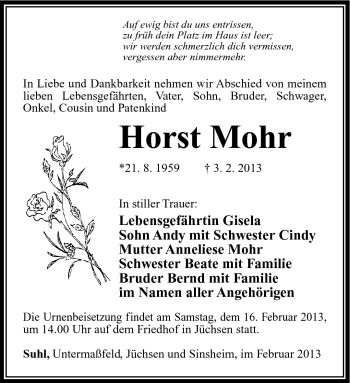 Traueranzeige von Horst Mohr von Südthüringer Presse