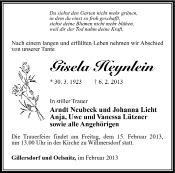 Traueranzeige von Gisela Heynlein von Südthüringer Presse
