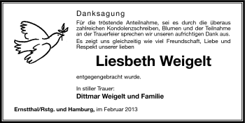 Traueranzeige von Liesbeth Weigelt von Südthüringer Presse