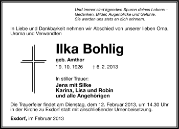 Traueranzeige von Ilka Bohlig von Südthüringer Presse