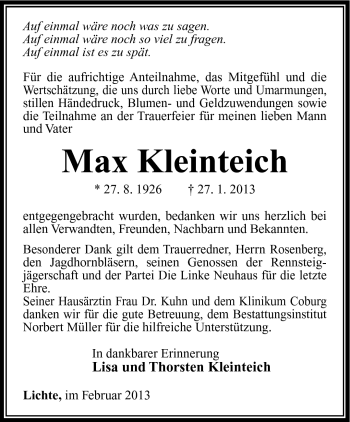 Traueranzeige von Max Kleinteich von Südthüringer Presse