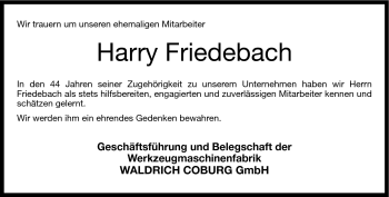 Traueranzeige von Harry Friedebach von Neue Presse Coburg