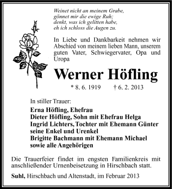 Traueranzeige von Werner Höfling von Südthüringer Presse