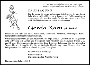 Traueranzeige von Gerda Karn von Südthüringer Presse