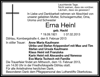Traueranzeige von Erna Heinl von Frankenpost