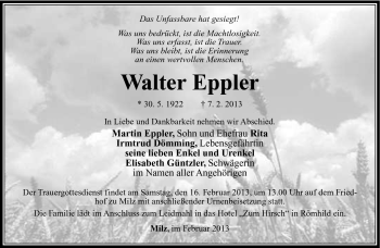 Traueranzeige von Walter Eppler von Südthüringer Presse