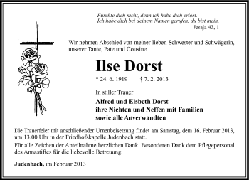 Traueranzeige von Ilse Dorst von Südthüringer Presse