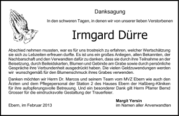 Traueranzeige von Irmgard Dürre von Neue Presse Coburg