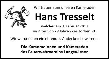 Traueranzeige von Hans Tresselt von Südthüringer Presse