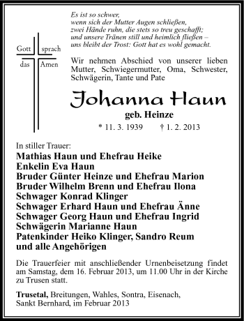 Traueranzeige von Johanna Haun von Südthüringer Presse