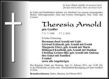 Traueranzeige von Theresia Arnold von Südthüringer Presse