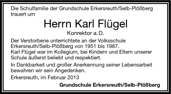 Traueranzeige von Karl Flügel von Frankenpost