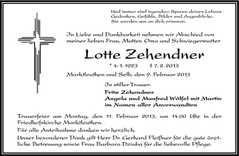 Traueranzeige von Lotte Zehendner von Frankenpost