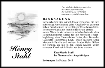 Traueranzeige von Henry Stahl von Südthüringer Presse