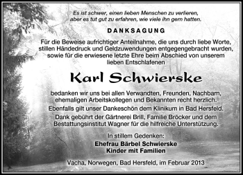 Traueranzeige von Karl Schwierske von Südthüringer Presse