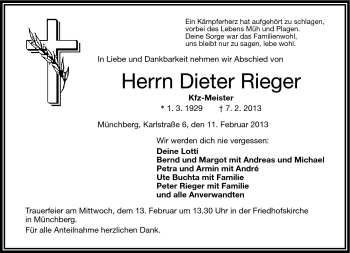 Traueranzeige von Dieter Rieger von Frankenpost