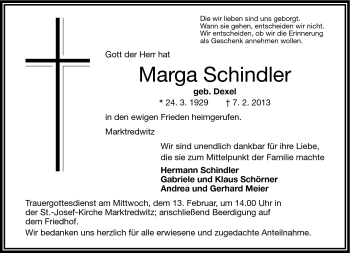 Traueranzeige von Marga Schindler von Frankenpost