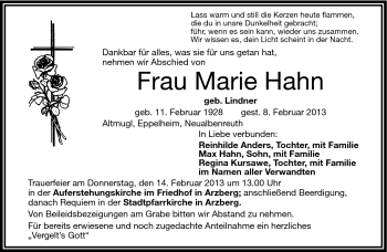 Traueranzeige von Marie Hahn von Frankenpost
