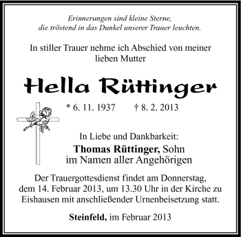 Traueranzeige von Hella Rüttinger von Südthüringer Presse
