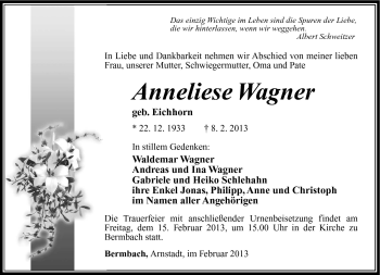 Traueranzeige von Anneliese Wagner von Südthüringer Presse