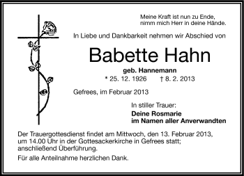 Traueranzeige von Babette Hahn von Frankenpost