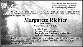 Traueranzeige von Margarete Richter von Südthüringer Presse
