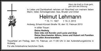 Traueranzeige von Helmut Lehmann von Frankenpost