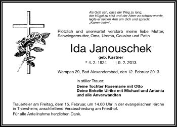 Traueranzeige von Ida Janouschek von Frankenpost