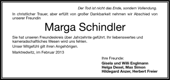 Traueranzeige von Marga Schindler von Frankenpost