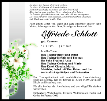 Traueranzeige von Elfriede Schlott von Südthüringer Presse