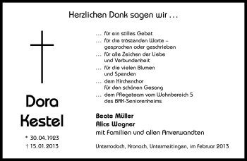 Traueranzeige von Dora Kestel von Neue Presse Coburg