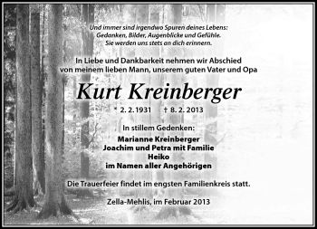 Traueranzeige von Kurt Kreinberger von Südthüringer Presse
